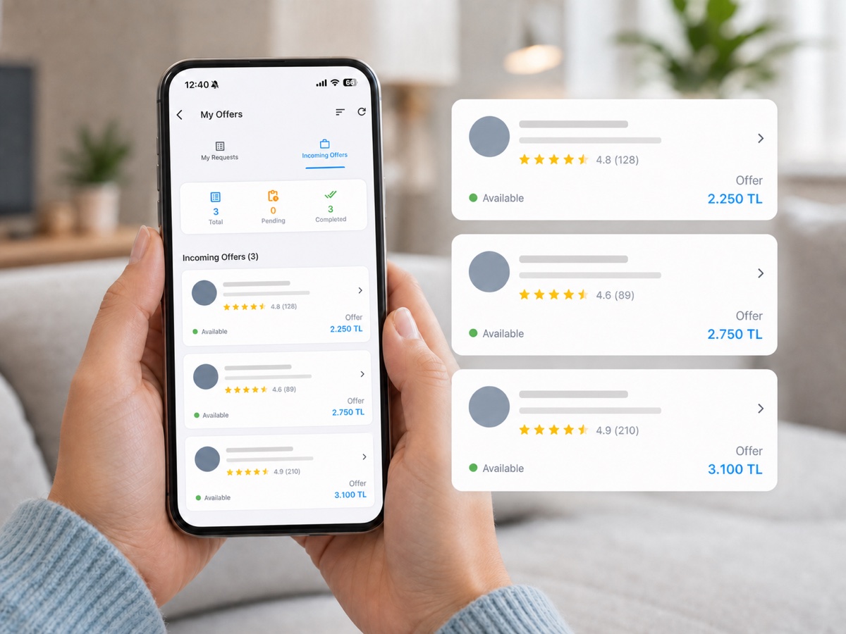 Incoming service offers in the En İyisi app with anonymized provider details